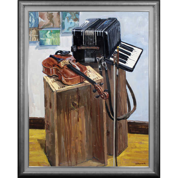 大きいサイズ 大きい絵 著名画家の一点物 絵画 豊田満 油絵・油彩画 『楽器』 楽器 静物 美術品 アート..