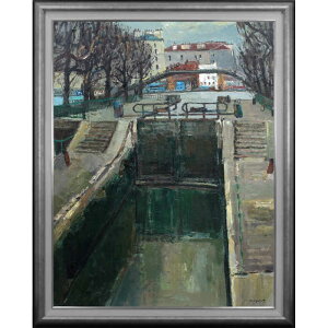 大きいサイズ 大きい絵 著名画家の一点物 絵画 豊田満 油絵・油彩画 『サンマルタン運河』 運河 冬 外国風景 美術品 アート とよたみつる