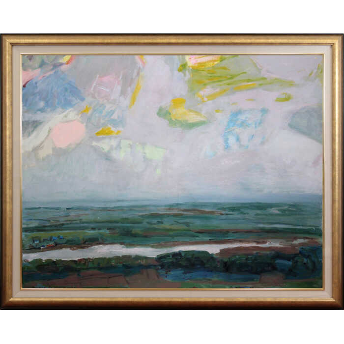 Rakuten - 大きいサイズ 大きい絵 著名画家の一点物 絵画 渋谷政雄 油絵・油彩画 『大地の朝』 丘 川 木 空 自然 運河 風景 幻想的 穏やか 美術品 アート しぶやまさお