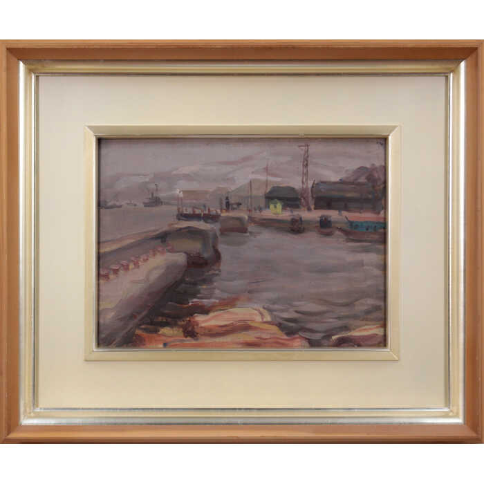 Rakuten - 絵画 谷吉二郎 油絵・油彩画 『初冬の海岸 細雨に暮れる』 海 港 船 雨 風景 冬 北海道風景 優しい 淡い 黄昏 一点物 美術品 アート たにきちじろう