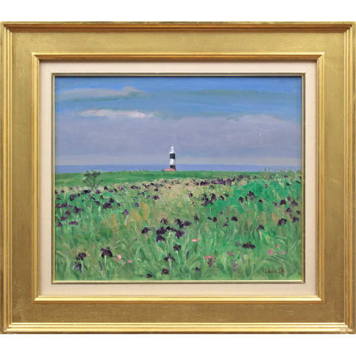 絵画 金丸直衛 油絵・油彩画 『美岬灯台と原野』 岬 海 海岸 灯台 空 自然 花 野原 風景 北海道風景 夏 明るい 爽やか 生き生き 一点物 美術品 アート かなまるなおえ