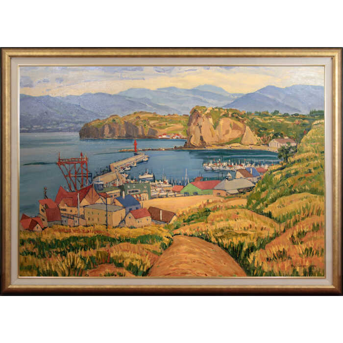 Rakuten - 大きいサイズ 大きい絵 著名画家の一点物 絵画 高野三男 油絵・油彩画 『祝津秋色』 山 崖 海 港 北海道風景 秋 優しい 穏やか 長閑 美術品 アート たかのみつお