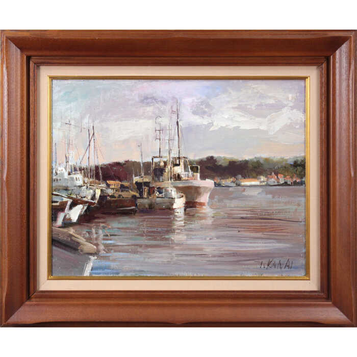 Rakuten - 絵画 金井俊雄 油絵・油彩画 『三崎港』 海 港 船 穏やか 一点物 美術品 アート かないとしお