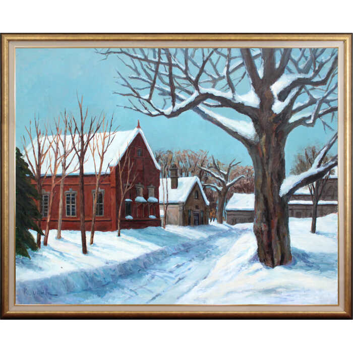 大きいサイズ 大きい絵 著名画家の一点物 絵画 内田かをる 油絵・油彩画 『冬の木と建物（北大農場）』 木 雪 風景 冬 北海道風景 明るい 美術品 アート うちだかをる