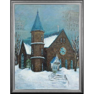 大きいサイズ 大きい絵 著名画家の一点物 絵画 内田かをる 油絵・油彩画 『札幌の小さな教会』 建造物 教会 雪 冬 北海道風景 美術品 アート うちだかをる
