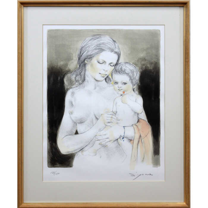 絵画 芝田米三 リトグラフ 版画 『母子』 人物 子ども 美人 裸婦 可愛らしい 幻想的 温もり 穏やか 美術品 アート しばたよねぞう