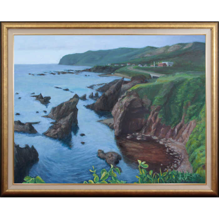 Rakuten - 大きいサイズ 大きい絵 著名画家の一点物 絵画 金澤巌 油絵・油彩画 『夕暮れせまる泊海岸』 崖 海 海岸 北海道風景 夏 生き生き 穏やか 美術品 アート かなざわいわお