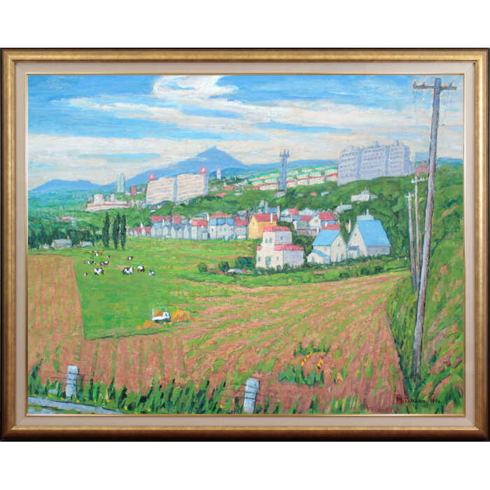 大きいサイズ 大きい絵 著名画家の一点物 絵画 高野三男 油絵・油彩画 『緑の街 北広島を描く』 動物 北海道風景 夏 カラフル メルヘン 優しい 明るい 淡い 爽やか 生き生き 穏やか 長閑 美術品 アート たかのみつお