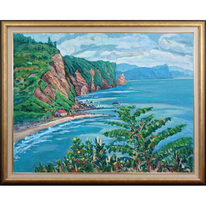 大きいサイズ 大きい絵 著名画家の一点物 絵画 高野三男 油絵・油彩画 『塩谷の海』 崖 海 海岸 北海道風景 夏 明るい 爽やか 美術品 アート たかのみつお