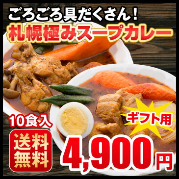 御中元 送料無料　3種入でお得！　札幌極みスープカレー　10食　北海道　カレー　レトルト 大容量 10食セット（チキン4食・豚角煮3食・ホタテ3食）