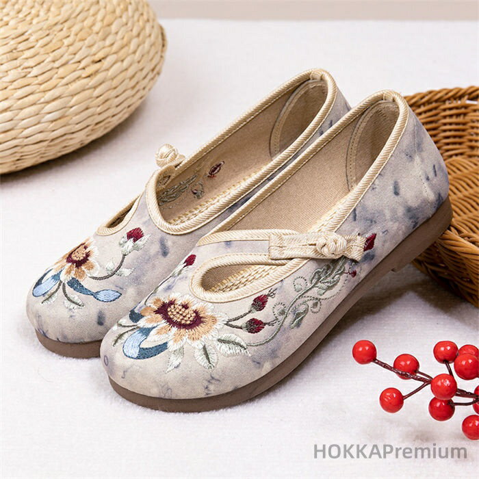 【送料無料】レディース フラットシューズ チャイナ靴 ウォーキングシューズ 中華靴 婦人靴 チャイナドレス メイド 唐装漢服コスプレ 花刺繍柄 シンプル 軽量 通気性 美脚