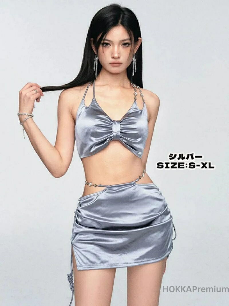 【送料無料】水着 3点セット ビキニ セット セクシー シルバー ビキニ 温泉 旅行 映え 小胸 盛れる ハイウエスト ショーツ付き パッド付き 谷