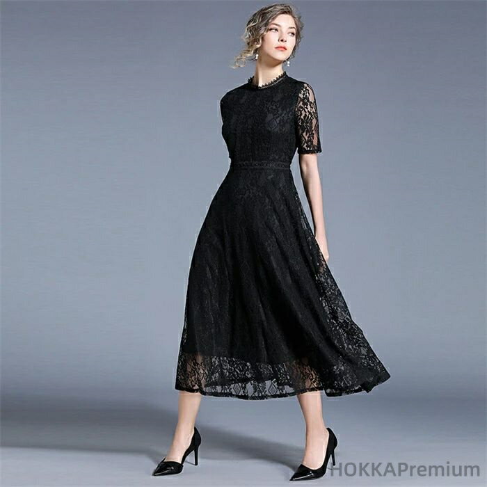 【送料無料】ン ラウンドネック 半袖 夏 春 秋 レースドレス ブラック ブルー きれいめ フォーマル 結婚式 二次会 披露宴 お呼ばれ 30代 40代