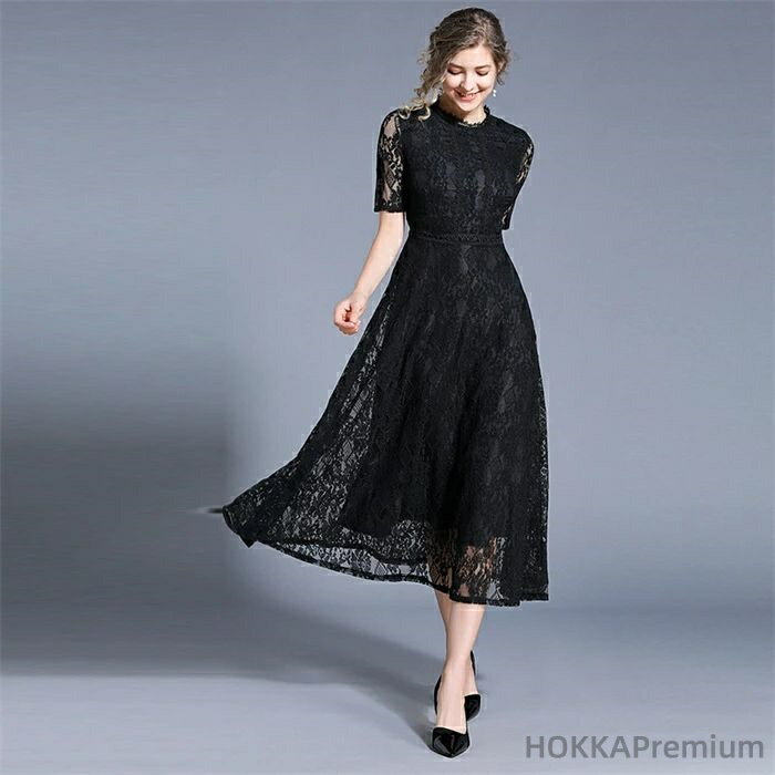 【送料無料】ン ラウンドネック 半袖 夏 春 秋 レースドレス ブラック ブルー きれいめ フォーマル 結婚式 二次会 披露宴 お呼ばれ 30代 40代