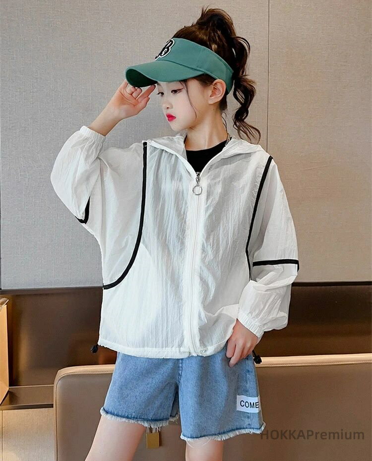 【送料無料】キッズ 女の子 男の子 ジュニア マウンテンパーカー ジャケット フード付き UVカット 体型カバー 紫外線対策 日焼け予防 薄手 冷房対策 オーバーサイズ 長 2