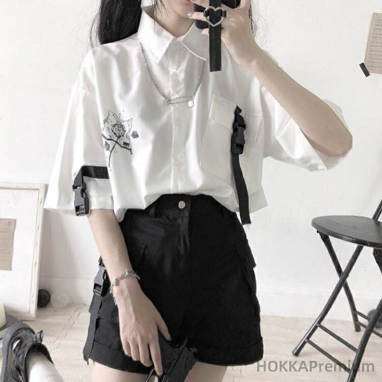 【送料無料】サブカル 2点セット 半袖シャツ 薄手 かわいい ゆったり 春 セットアップ 可愛い 女装 ブラウス 地雷系 レディース 量産型 服 パンツ 夏 秋 通学 通勤 衣装 おしゃれ