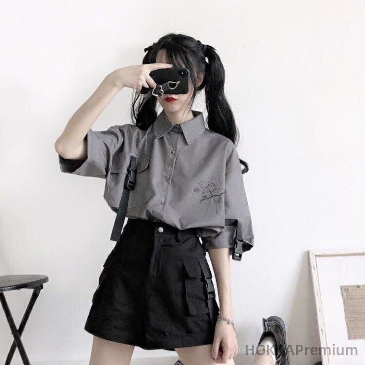 【送料無料】サブカル 2点セット 半袖シャツ 薄手 かわいい ゆったり 春 セットアップ 可愛い 女装 ブラウス 地雷系 レディース 量産型 服 パンツ 夏 秋 通学 通勤 衣装 おしゃれ