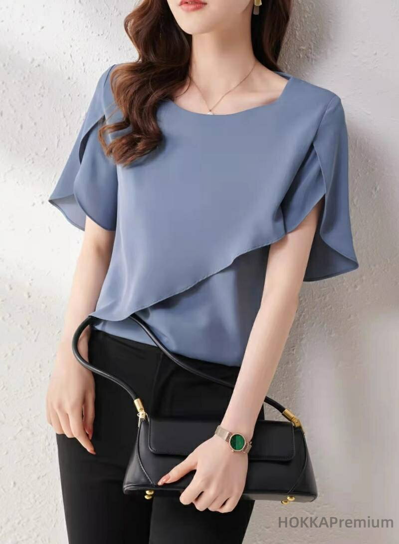 Short Sleeves - 【送料無料】チューリップスリーブ ペタルスリーブ 半袖 ミディアム丈 Aライン ゆったり ブラウス トップス レディース 斜めレイヤード