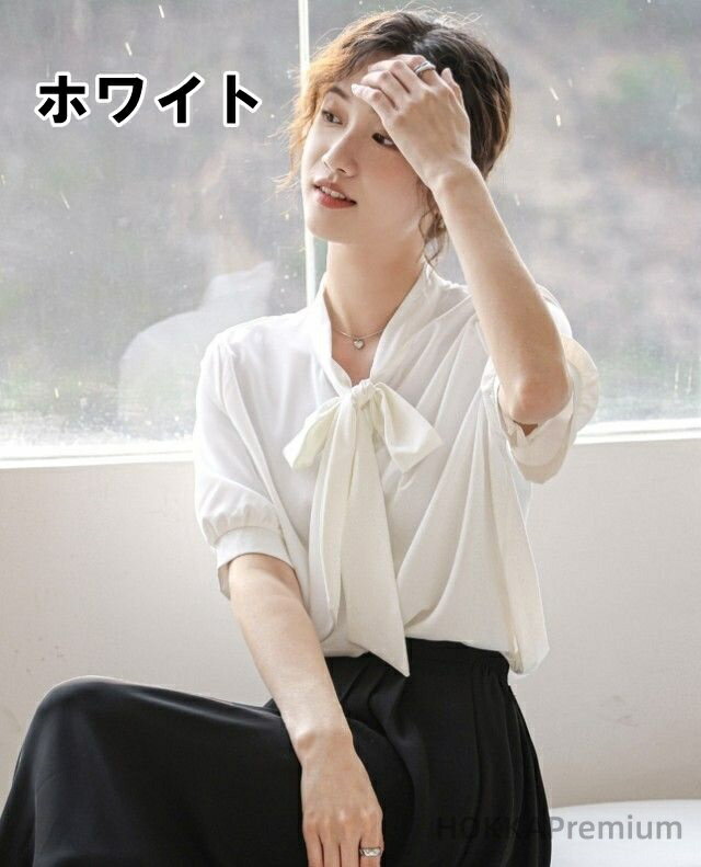 Short Sleeves - 【送料無料】インスタ 体型カバー 着痩せ 小顔見せ スタイル おしゃれ 半袖 ブラウス リボン ボウタイ シフォン レディース トップス
