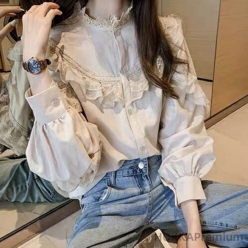 【送料無料】前開き ストレート スタンドカラー ボリューム袖 フリル袖 二の腕カバー 長袖 普通丈トップス 春 ブラウス シャツ レディース