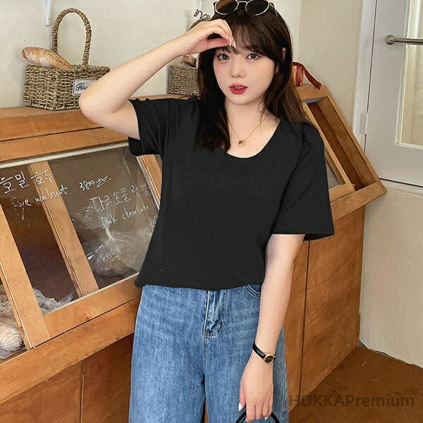 【送料無料】ワイドスリーブ クロップド丈 コンパクト シンプル Tシャツ コットンリブ Uネック 半袖 レディース