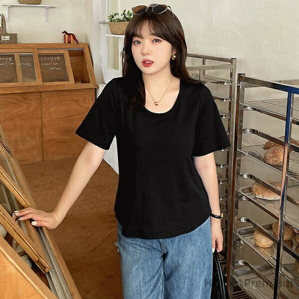 【送料無料】ワイドスリーブ クロップド丈 コンパクト シンプル Tシャツ コットンリブ Uネック 半袖 レディース