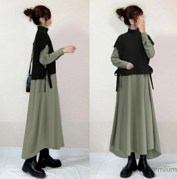 Long-Sleeved - 【送料無料】セットアップ セットアップ ワンピース レディース シャツワンピース ベスト Aライン 2点セット 長袖 リブ