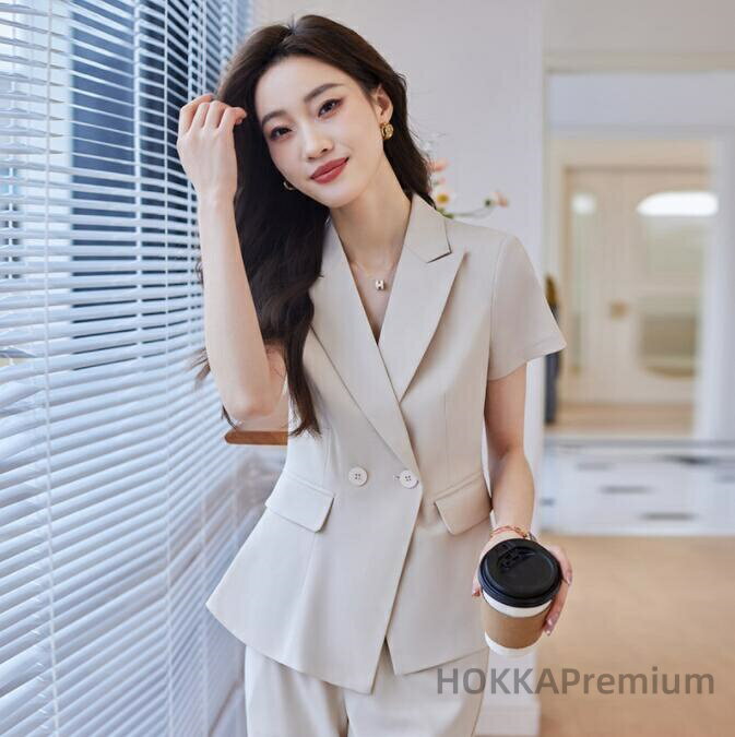 【送料無料】カジュアルスーツ きれいめ スリム 半袖 セットアップ パンツスーツ 女性 リクルートスーツ パンツセット