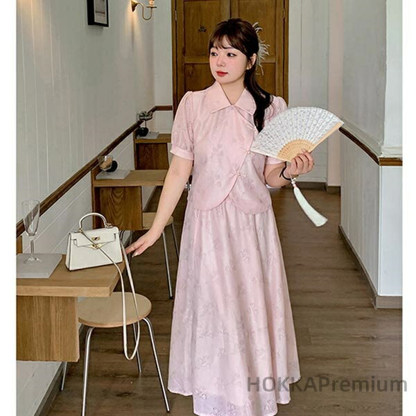 【送料無料】裾ランドカット パフスリーブ半袖 ボタン付きカフ チャイナボタン 斜め前たて 襟付き フラワーレース