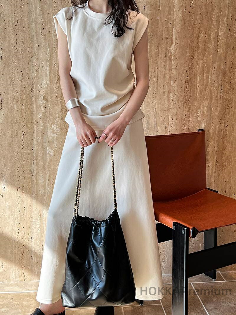 Short Sleeves - 【送料無料】L M 無地 カーキグリーン アプリコット 丸首 クルーネック フレンチスリーブ 夏 春 シャツ 上下セット セットアップ スカート