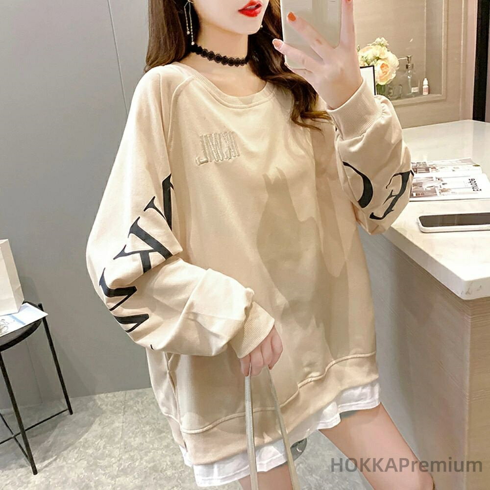 Rakuten - 【送料無料】スウェットカットソー 重ね着風 春秋服ストリート 体型カバー ゆったりトレーナー おしゃれ レイヤード風トップス レディース韓国風