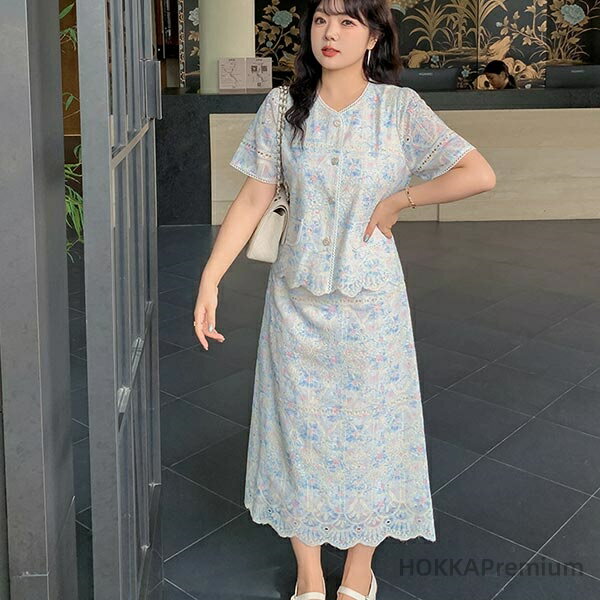 【送料無料】スカートスーツ レース縁取り 柄刺繍を施したシフォンタイダイ生地 セットアップ レディース