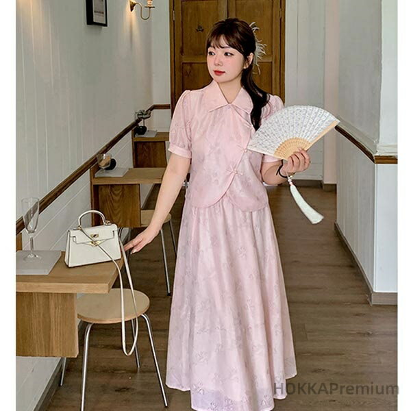 【送料無料】裾ランドカット パフスリーブ半袖 ボタン付きカフ チャイナボタン 斜め前たて 襟付き フラワーレース