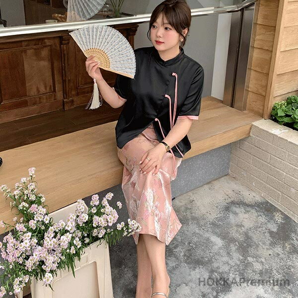 【送料無料】複合ジャガード 花柄 ショート丈 チャイナボタン 袖口 バイカラー 半袖トップス チャイナカラー
