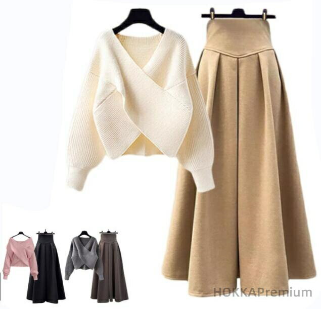 ざっくりとしたカシュクールニットがこなれ感たっぷり♪もっちりとした肌当たりの良い総針ニットフレアスカート。シンプルながらも目の細やかな編地で、リッチな風合いに仕上げました。腰回りはすっきりとしたシルエットで、裾に向かってきれいに広がるソフトなフレアラインがポイント。適度なゆとりで、きれいめな印象ながら、リラクシーな着心地を叶えます。女性らしい柔らかやを演出してくれるカラー展開、コーデの幅がグンと広がります。 サイズ M L XL 2XL 3XL 4XL サイズについての説明 M：体重40-50kg/　L：体重50-60kg/　XL：体重60-70kg/　2XL：体重70-80kg/　3XL：体重80-90kg/　4XL：体重90-100kg/　※サイズ表の実寸法は商品によって1-3cm程度の誤差がある場合がございます。 素材 ポリエステル 色 ブラックセーター グレーセーター アイボリーセーター ブルーセーター ピンクセーター キャメルセーター レッドセーター ブラックスカート ブラウンスカート ベージュスカート 備考 ●サイズ詳細等の測り方はスタッフ間で統一、徹底はしておりますが、実寸は商品によって若干の誤差(1cm〜3cm )がある場合がございますので、予めご了承ください。 ●商品の色は、撮影時の光や、お客様のモニターの色具合などにより、実際の商品と異なる場合がございます。あらかじめ、ご了承ください。 ●製品によっては、生地の特性上、洗濯時に縮む場合がございますので洗濯時はご注意下さいませ。 ▼色味の強い製品によっては他の衣類などに色移りする場合もございますので、速やかに（脱水、乾燥等）するようにお願いいたします。 ▼生地によっては摩擦や汗、雨などで濡れた時は、他の製品に移染する恐れがございますので、着用の際はご注意下さい。 ▼生地の特性上、やや匂いが強く感じられるものもございます。数日のご使用や陰干しなどで気になる匂いはほとんど感じられなくなります。