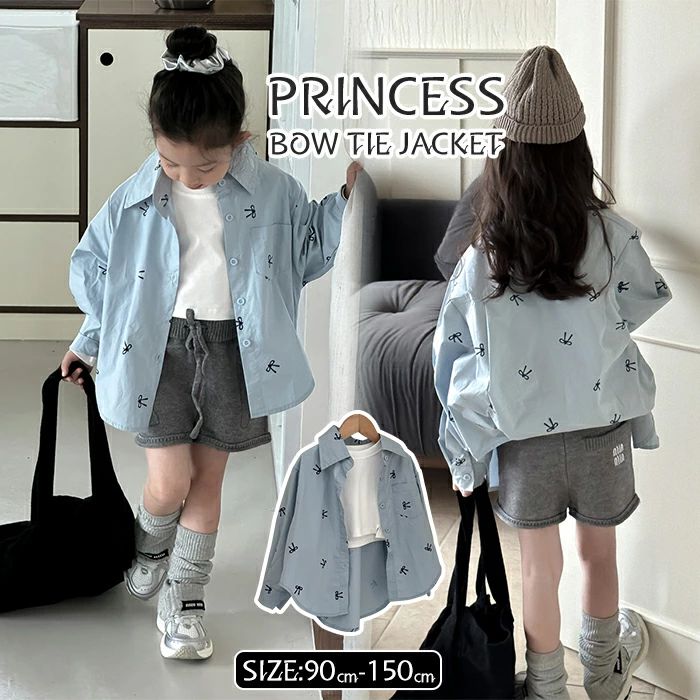 Long-Sleeved - 【送料無料】デニムシャツ ブラウス キッズシャツ 羽織 子供服 子どもシャツ キッズ 長袖シャツ トップス リボン柄 チュニック 女の子 子供 キッズ ナチュラル 重ね着 韓国風 可愛い
