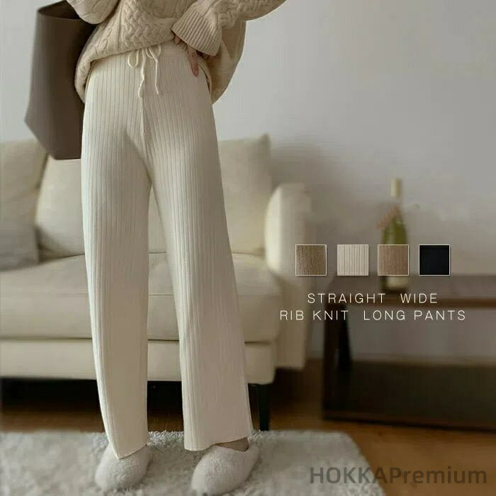 【送料無料】ニットパンツ レディース リブニット ワイドパンツ 春 秋 冬 リブ ニットワイドパンツ ロングパンツ フレアパンツ ガウチョ ウエストゴム ゆるパンツ リラックス 楽ちん