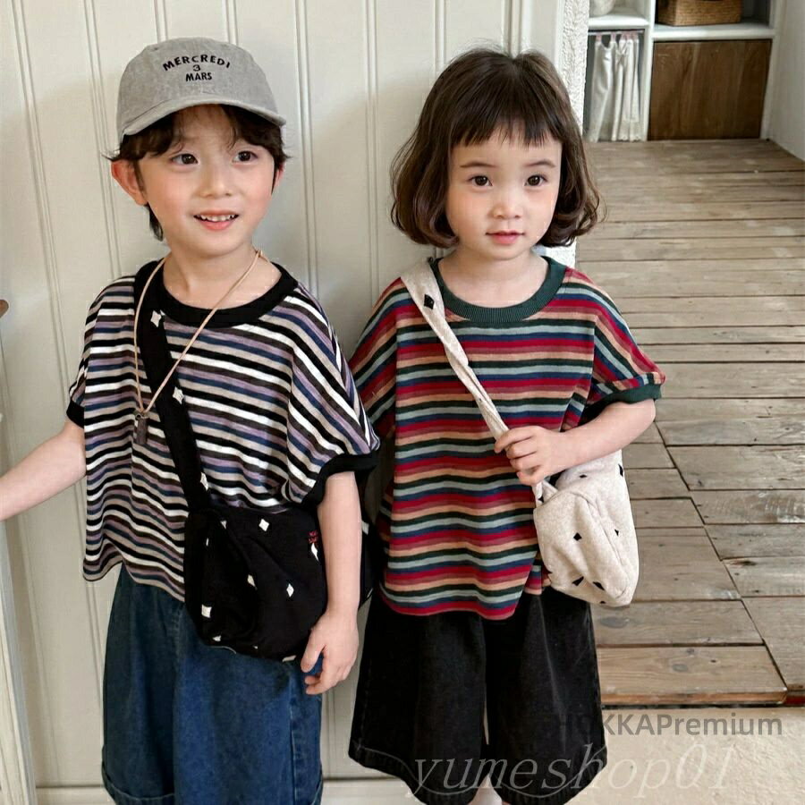 【送料無料】夏の新しい男の子カラストライプ半袖tシャツ男女赤ちんぷるい丸襟半袖