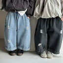 【送料無料】子供の春の新作メンズとレディースのリップドジーンズ、ベビールーズダメージワイドレッグパンツ