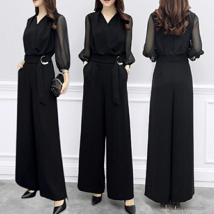 【送料無料】オーバーオール レディース ワイドパンツ パンツドレス 七分袖 袖あり 夏 春 結婚式 パンツスーツ ロング丈 パーティードレス