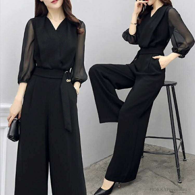 【送料無料】オーバーオール レディース ワイドパンツ パンツドレス 七分袖 袖あり 夏 春 結婚式 パンツスーツ ロング丈 パーティードレス