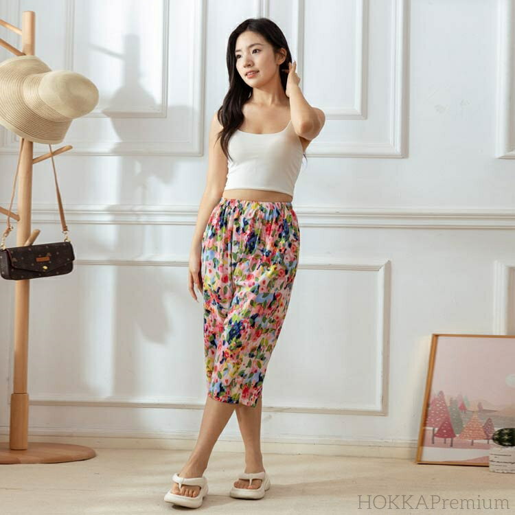 【送料無料】7分丈 レディース ステテコ ワイドパンツ 薄手 伸縮性 ナイトウェア パジャマ ボトムス 2枚セット!総柄 7分丈