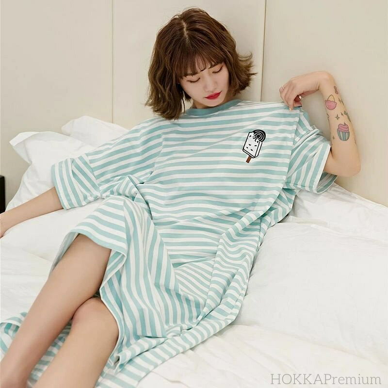 【送料無料】シャツパジャマ 綿素材 ルームウェア 春夏 人気 Tシャツ ボーダー柄ワンピース 半袖 レディース パジャマ