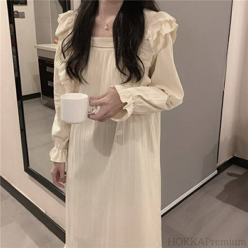 【送料無料】ルームウェア ワンピース パジャマ ロングワンピース ロング丈 マキシ丈 膝下 スクエアネック フリル 切り替え レース しわ加工 ワッシャー ゆっ...