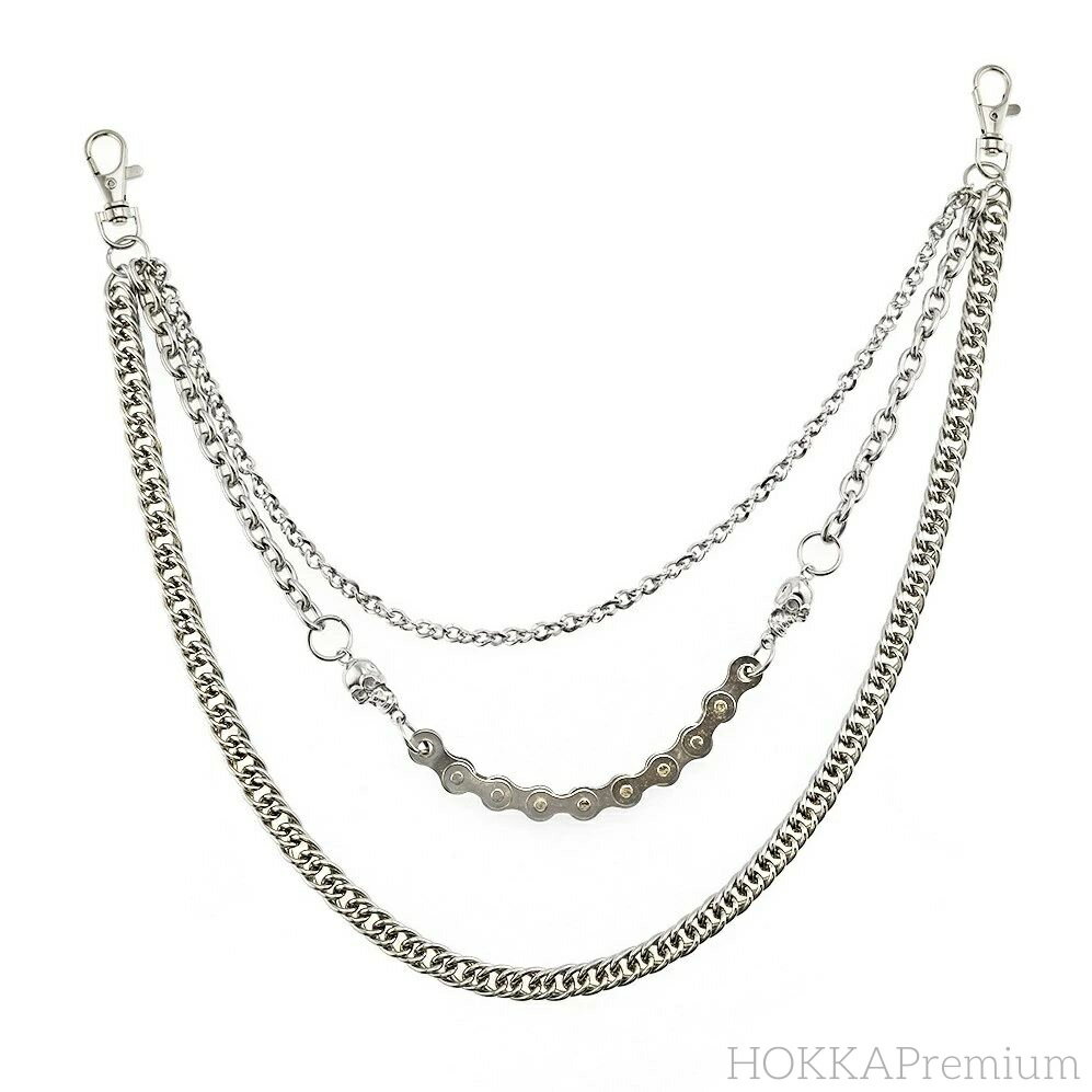 【送料無料】【3連チェーンで魅せる存在感】メンズ ヒップホップ風 パンクチェーン／腰チェーン アクセサリー／銀色／60cm以下／ユニセックス対応