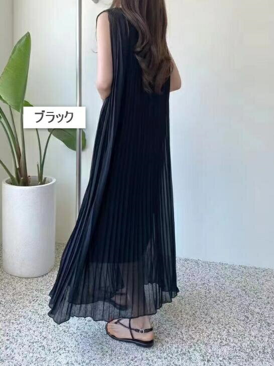 【送料無料】レディース ノースリーブ ロングワンピース プリーツ シフォン ウエストマーク 高腰 フレアスカート 無地 春夏