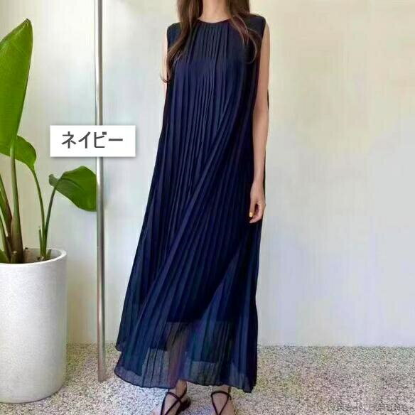 【送料無料】レディース ノースリーブ ロングワンピース プリーツ シフォン ウエストマーク 高腰 フレアスカート 無地 春夏