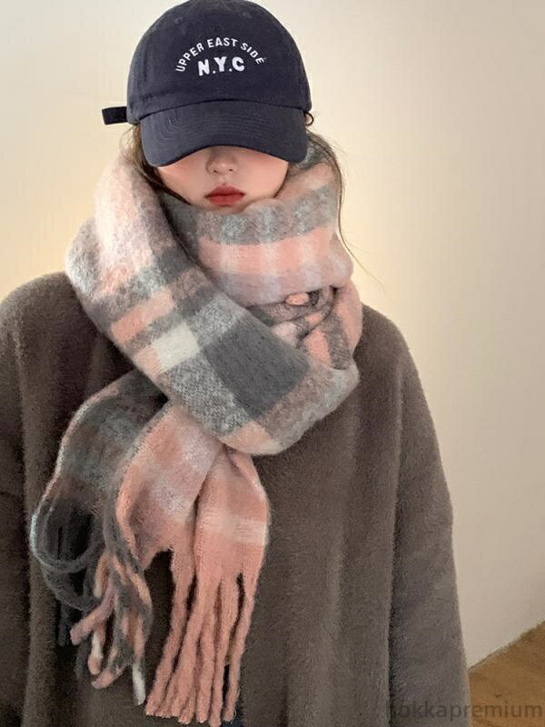 【送料無料】マフラー レディース 韓国 チェック ピンク スカーフ かわいい 冬 暖かい 厚手 防寒 フリ..