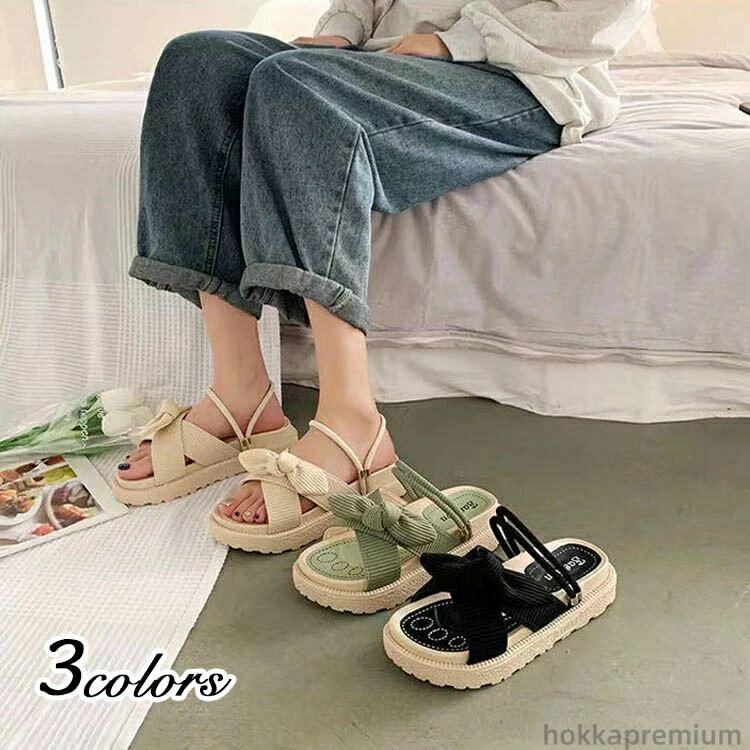 【送料無料】カラーサンダル おしゃれ かわいい 痛くない ぺたんこ フラット カジュアル リボン ビーチ..