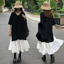 【送料無料】Vネック 切り替え スカート ロング丈 夏服 春服 ミディアム 半袖 半袖ワンピース ワンピ 異素材ドッキングワンピース 夏 春